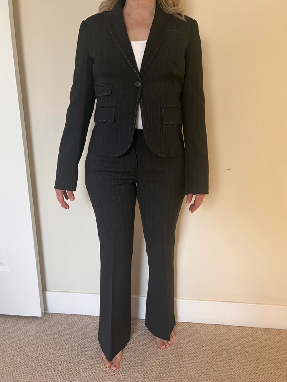 Sandra Angelozzi Women’s Dark Gray Pinstripe Tailored Pantsuit